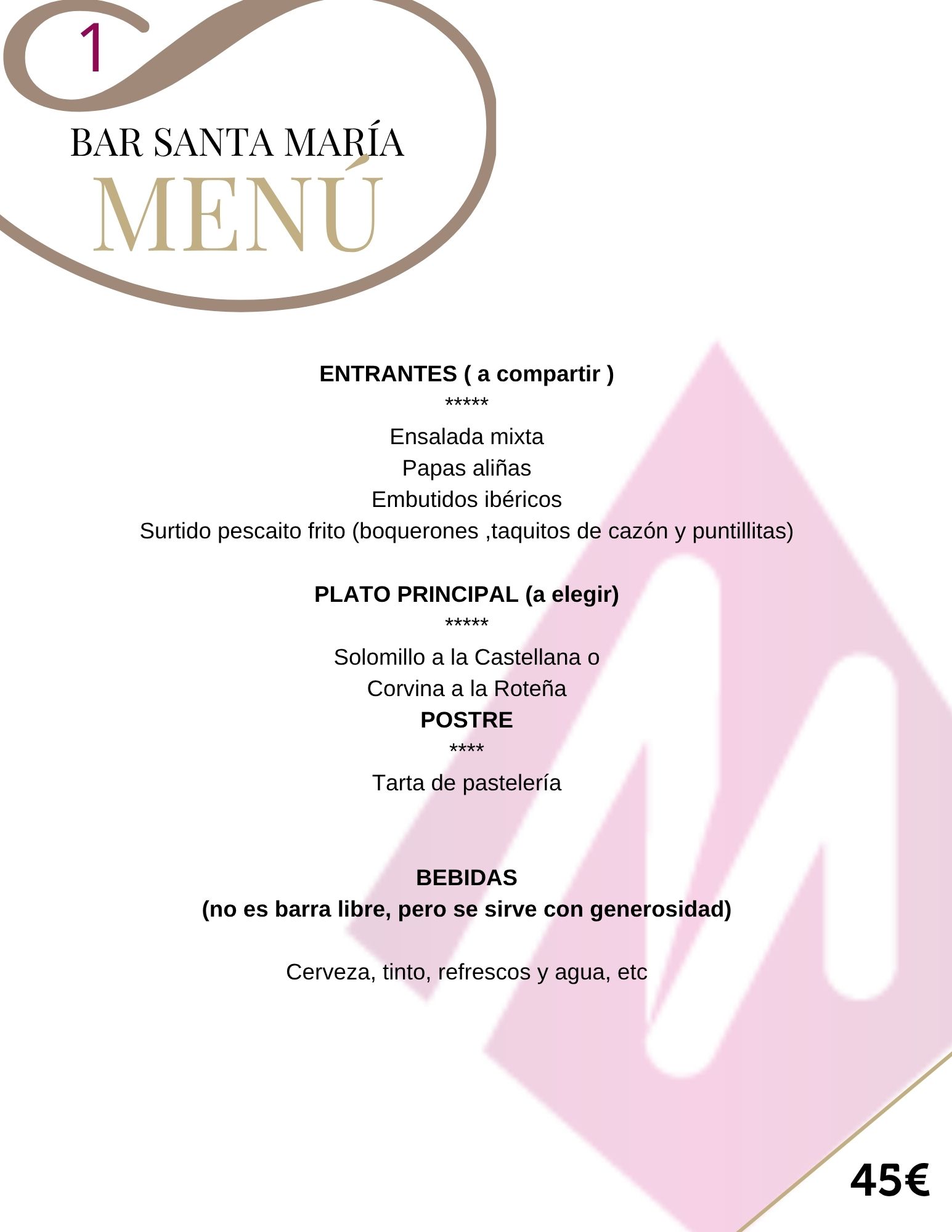 Menu numero 1 de restaurante Santa Maria de El Puerto Santa Maria