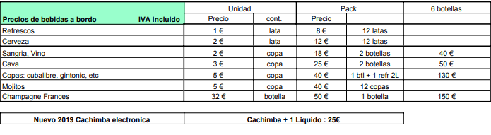 carta de bebidas catamaran aventurero Alicante carta de bebidas catamaran aventurero Alicante