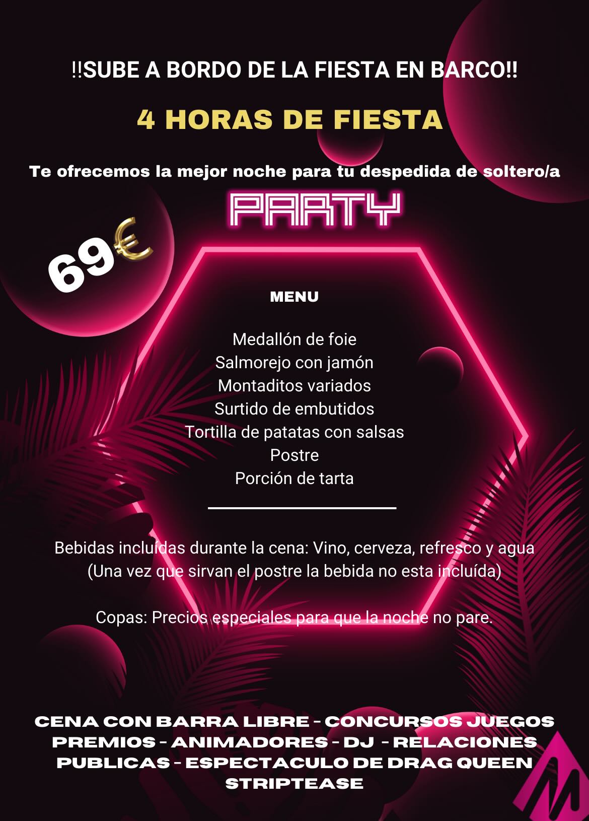 cena con espect&aacute;culos para despedidas en barco