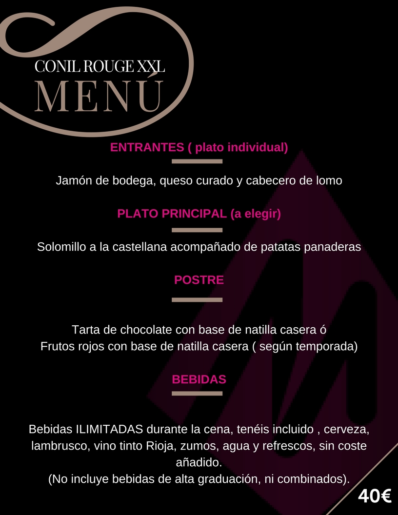Sala Conil Rouge XXL - Menu - Sala para despedidas - Restaurante Tematico - Martin Espectaculos